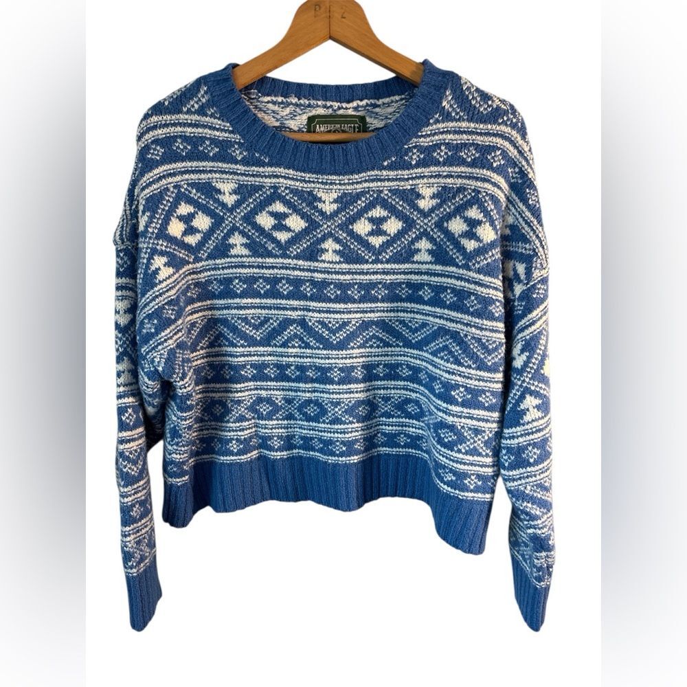 American Eagle Sweater Blue White Cropped Pullover Knit Winter Apres XL Nordic